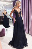 Modest A Line V Neck Open Back Navy Blue Lace Long Prom Dresses uk with Beading PW136