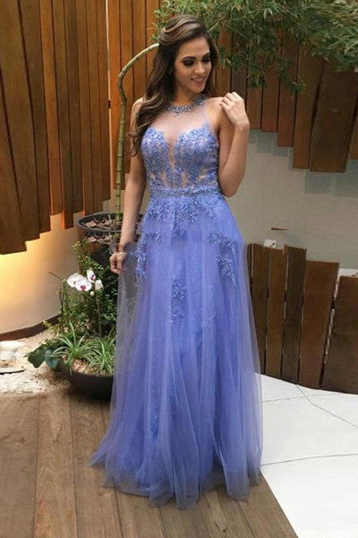 Tulle Lace See-Through Open Back Sexy A Line Long Prom Dress Evening Dress