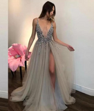 Sexy Deep V-Neck Side Split Beading Tulle Evening Dresses PM115