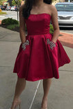 Simple Strapless Cute Cheap Beaded Red Sleeveless Homecoming Dresses with Pockets PH702