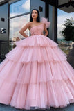 Charming Ball Gown Tulle Pink One Shoulder Long Prom Dresses, Quinceanera Dresses P1362