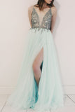 A-Line V-Neck Spaghetti Straps Beads Modest Tulle Cheap Evening Prom Dresses UK PH490