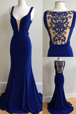 Elegant Royal Blue Chiffon Long Beading Prom Dresses See Through Back Halter Evening Dresses