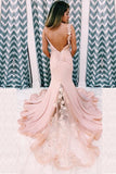Unique Mermaid V Neck Spaghetti Straps Pink Prom Dresses, Cheap Party Dress W1432