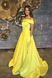 Elegant Yellow Off The Shoulder Satin A Line Princess with Pockets Prom Dresses UK PH477