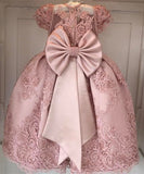Princess Ball Gown Round Neck Pink Beads Flower Girl Dresses with Appliques FG1034