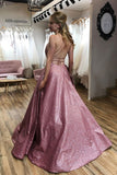 Unique A-line Pink Sequins Spaghetti Straps Prom Dresses Evening Dresses P1474