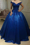Unique Royal Blue Off Shoulder Lace Sweetheart Appliques Long Ball Gown Prom Dresses PH463