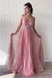 A Line Pink Sequins Strapless Sweetheart Prom Dresses, Sleeveless Party Dresses P1342