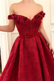 Charming Red Lace Off the Shoulder V-Neck Handmade Flowers Prom Dress P1313