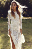 Ivory Sheath Brush Train Long Sleeve Backless Lace Wedding Dress,Beach Wedding Dress PH476