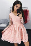 Cute A Line Long Sleeves V Neck Pink Lace Appliques Above Knee Homecoming Dresses uk PH795