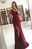 Elegant A Line Satin V-neck Ruffles Burgundy Side Split Sleeveless Prom Dresses PH621