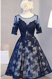 A Line Scoop Navy Blue Knee-length Tulle Short Sleeve Homecoming Dress with Open Back PH792