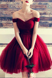A Line Burgundy Off the Shoulder Tulle Sweetheart Cocktail Dress,Homecoming Dresses PH639