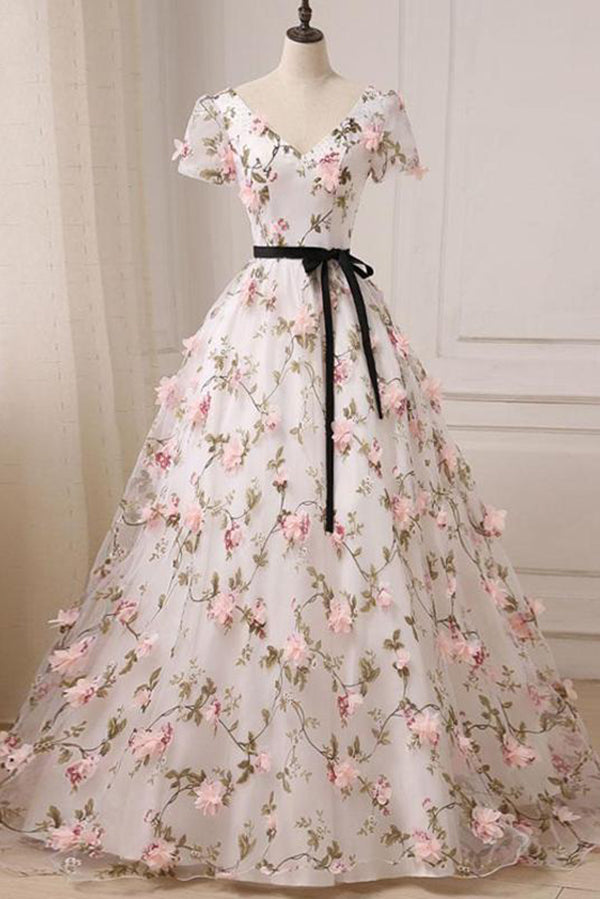 Prom Dresses UK,Pink V-neck Long Cheap Lace Short Sleeve Flowers ...