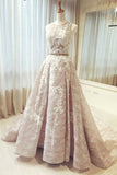 A-Line Champagne Long Wedding Dress,Sleeveless Scoop Belt Appliques Prom Dresses UK PH367
