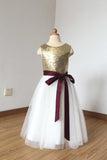 A Line Simple Light Gold Sequin Ivory Tulle Scoop Flower Girl Dress with Burgundy Sash PH774