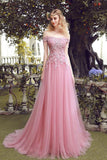 Elegant A-Line Off-the-Shoulder Lace Up Long Pink Lace Tulle Prom Dresses uk with Beads PH320