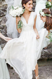 Cheap Elegant A-line V-neck Ruffles Floor-length Chiffon Cap Sleeves Long Wedding Dresses PH669