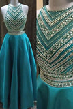 Two Pieces Beaded Crew Neck Zipper-up Satin Long Prom Dress