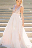 A Line Pink V Neck Sequins Simple Long Cheap Chiffon Backless Sleeveless Prom Dresses PH616