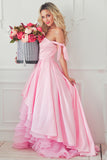 A-Line Pink Off the Shoulder Sweetheart Satin Lace up Hi-Lo Prom Homecoming Dresses PH515