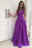 A Line Satin Floor Length Cheap V Neck Open Back with Pockets Long Prom Dresses uk PW60