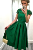 Casual A-line Scoop Satin Appliques Lace Knee-length Backless Short Sleeve Prom Dresses PH501
