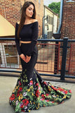 A Line Off the Shoulder Two Piece Long Sleeve Satin Floral Scoop Long Prom Dresses uk PW188