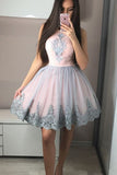 Cute A Line Round Neck Pink Short Prom Dresses,Homecoming Dresses with Appliques PH925