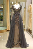 Elegant A Line V Neck Long Sleeves Tulle Grey Prom Dresses uk with Beading PW85