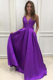 A-line V-neck Satin Long Simple Prom Dresses with Pockets Purple Bridesmaid Dresses PH603