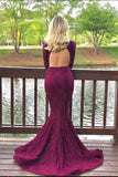 Charming Mermaid High Neck Lace Burgundy Long Sleeve Open Back Prom Dresses PH482