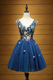 Cute A Line Navy Blue V Neck Short Prom Dresses,Flower Lace up Homecoming Dresses uk PH957