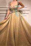 A Line Spaghetti Straps Sweetheart Gold Rhinestone Sparkly Appliques Prom Dresses uk PH890