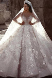 Stunning Long Sleeve Ball Gown 3D Flowers Wedding Dresses, Long Wedding Gowns W1164