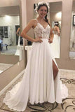 A Line V Neck Open Back Chiffon Ivory Lace Long Lace up Wedding Dresses uk with Appliques PH968