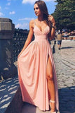 Pink Spaghetti Strap V-Neck Long Split Front Chiffon Evening Dresses,Prom Dresses PH557
