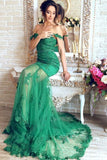 Gorgeous Green Mermaid V-Neck Lace Applique Sequins Beaded Tulle Prom Dresses uk PW131