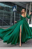 Flowy Long Front Split Green Chiffon Backless Elegant Long Sleeve Prom Dresses uk PW104