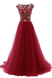 Elegant A Line Burgundy Beads Scoop Tulle Cap Sleeves Long Prom Dresses uk PH874