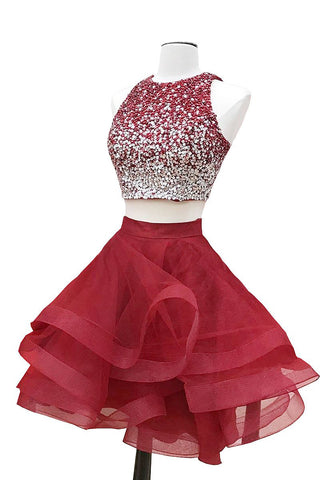 A-line Halter Sleeveless Sweetheart Organza Burgundy Short Prom Dresses, Homecoming Dress PH664