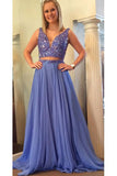 Elegant A Line Two Piece Blue V-Neck Beads Chiffon Evening Prom Dresses uk PH790+