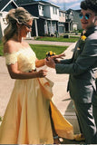 Elegant Two Pieces Yellow Off the Shoulder Prom Dresses Satin Appliques Party Dresses P1367