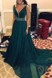 Elegant A Line Beads Green V Neck Long Chiffon Sleeveless Prom Dresses PH695
