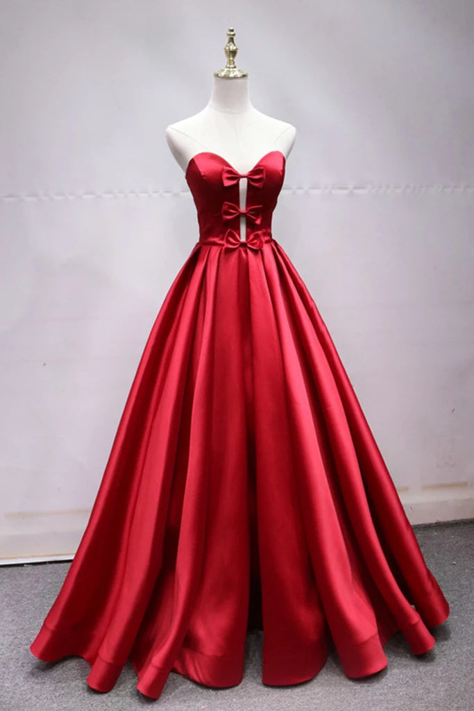 A Line Sweetheart Red Satin Lace Up Long Prom Dresses with Bowknot, Cheap Formal Dresses P1243