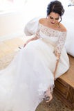 Long Sleeve Off the Shoulder Tulle Wedding Dress A line Lace Elegant Wedding Gowns W1165