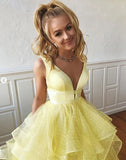 A Line Yellow Multi-layered Polka Dot Organza Sweet 16 Long Prom Dresses P1495