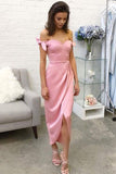 A-Line Sheath Pink Off-the-shoulder Silk-like Satin Tea-length Bow Prom Dresses UK PH487
